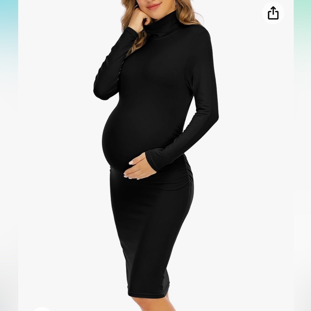 Black Turtleneck, Long Sleeve, Side Ruched Maternity Dress